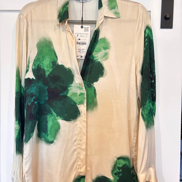 Zara Tops - Zara Cream and Green Floral Silk Button-Up Shirt